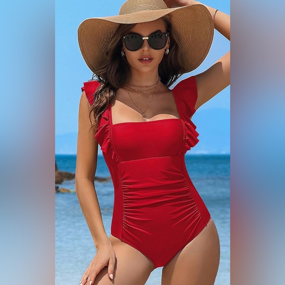 CHARMO Women’s Red One Piece Swimsuit Ruffles Tummy Control NWOT Size L